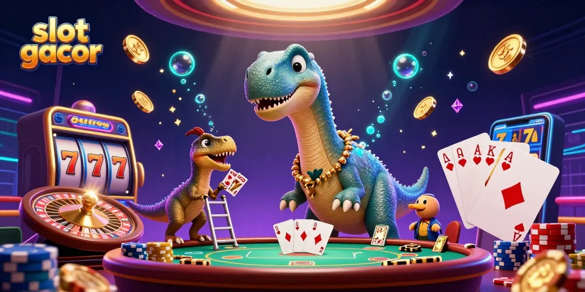 Engage in thrilling gameplay with slot gacor featuring vibrant 3D dinosaurs in a casino scene.