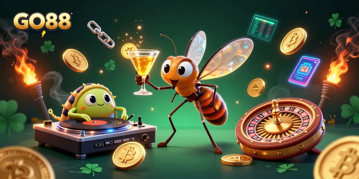Experience thrilling gaming at GO88 with a lively casino scene featuring unique characters and vibrant crypto elements.