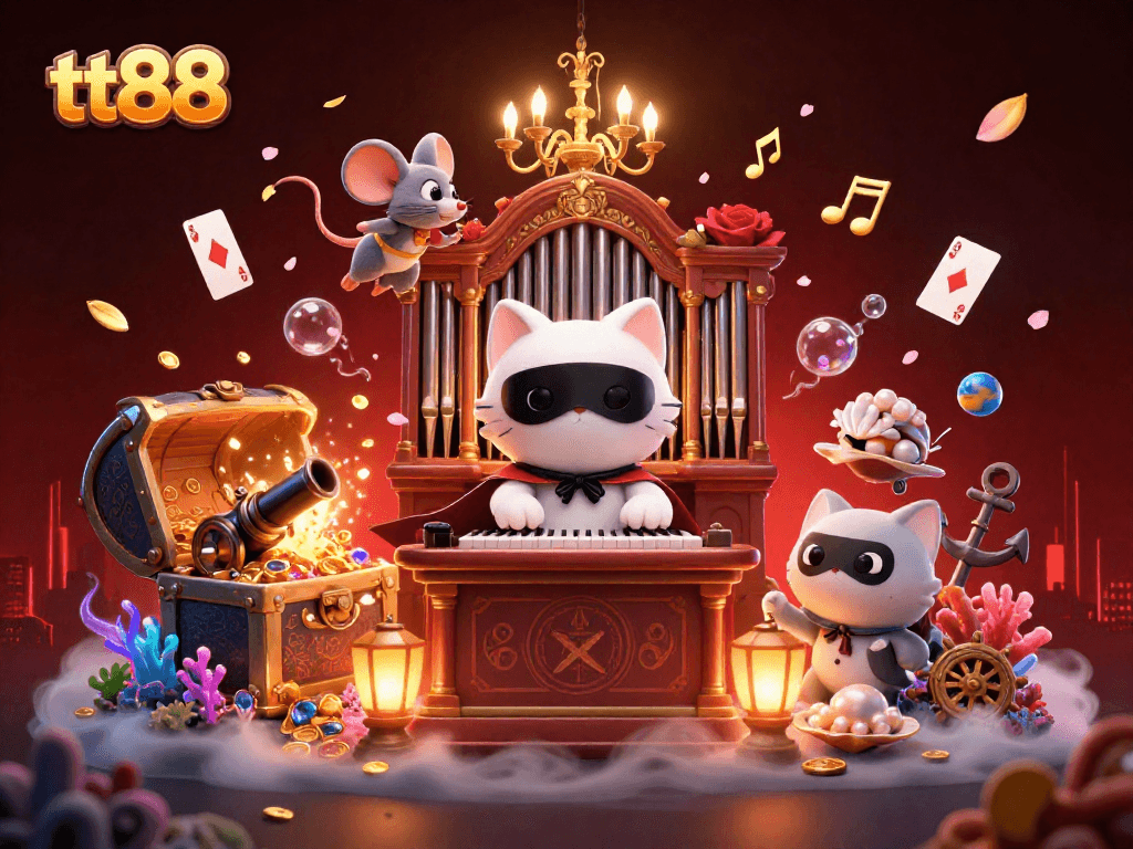 Experience thrilling moments at tt88 with casino characters amidst vibrant gold treasures.