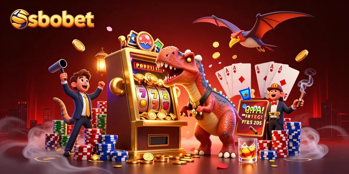 SBOBET players enjoying a jackpot with pachycephalosaurus and casino manager in action