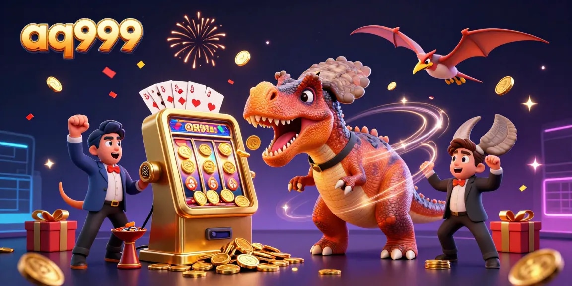 Aquatic adventure at aq999 features a pachycephalosaurus interacting with a golden slot machine under a dynamic casino-themed atmosphere.