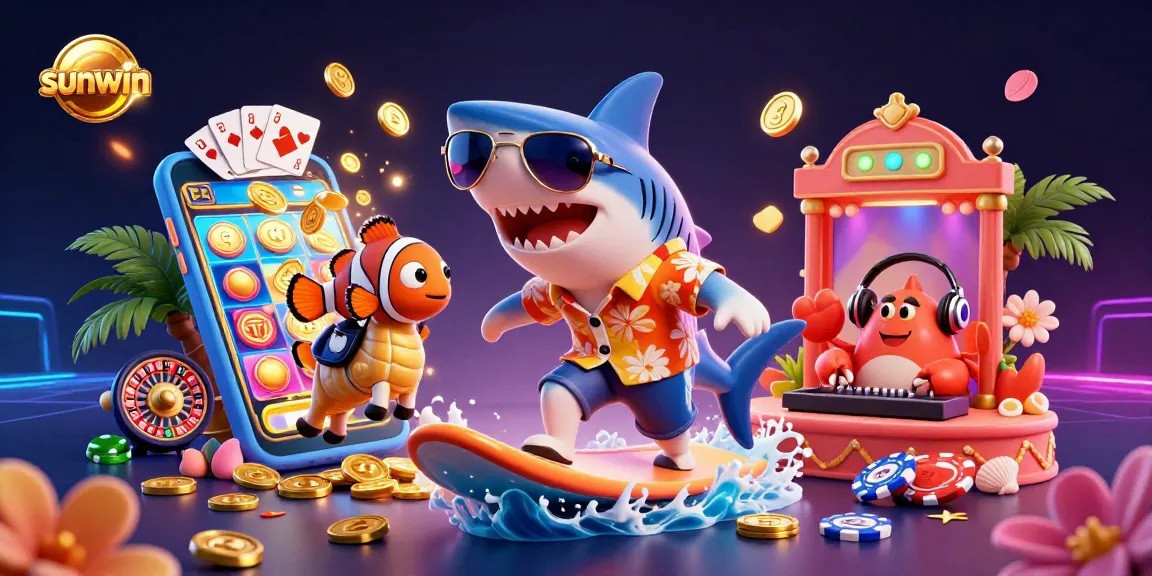 Exciting scene showcasing the sunwin casino experience with a shark, clownfish, and crab among vibrant gambling elements.