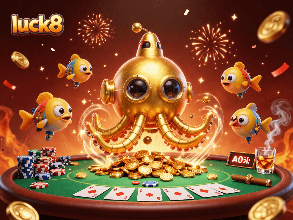 Experience thrilling gambling action at luck8 with a stunning golden kraken amidst poker glory.