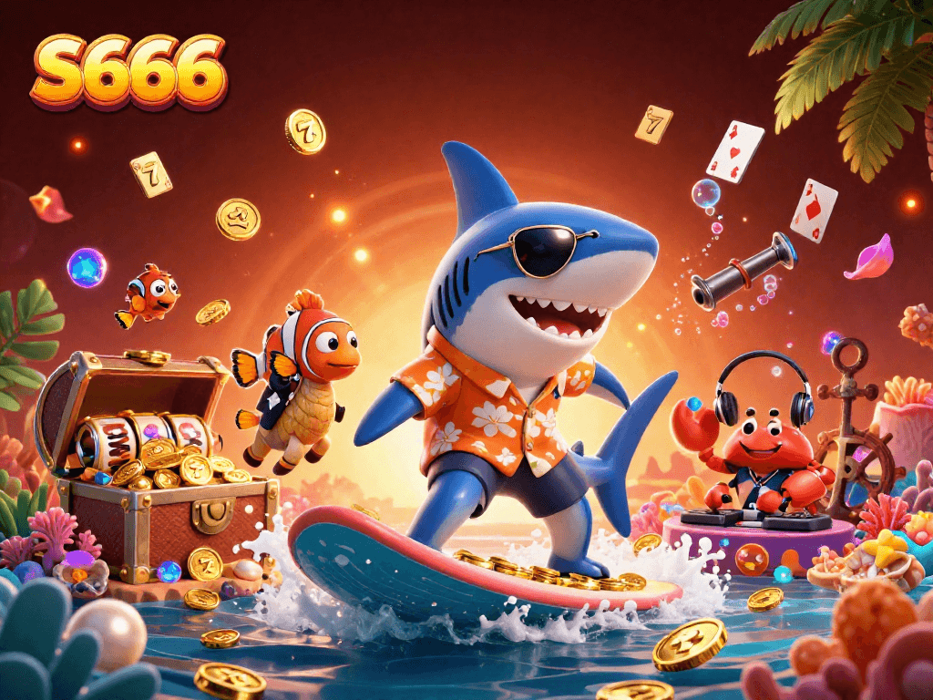 Engage in thrilling gameplay at S666, featuring vibrant characters surfing a wave of gold coins and dynamic slot elements.
