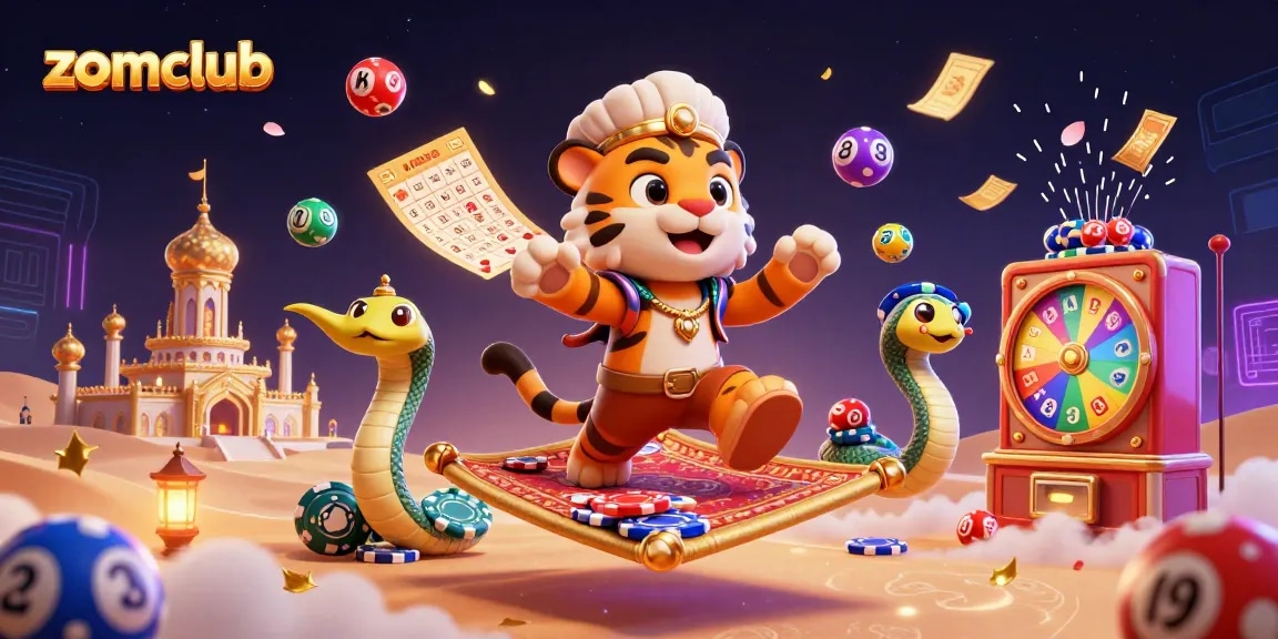 Zomclub's vibrant 3D casino illustration showcases excitement, featuring a tiger sultan on a flying carpet surrounded by lottery elements.