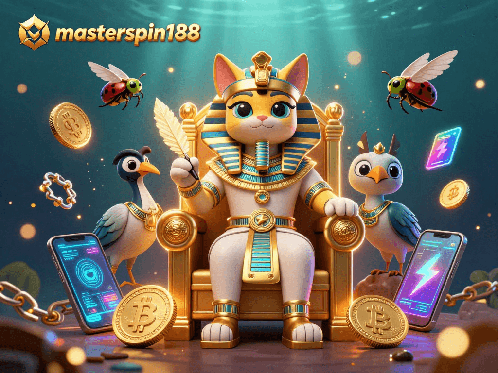 Experience the world of masterspin188 with a vibrant 3D pharaoh cat casino scene enriched by cryptocurrency elements.