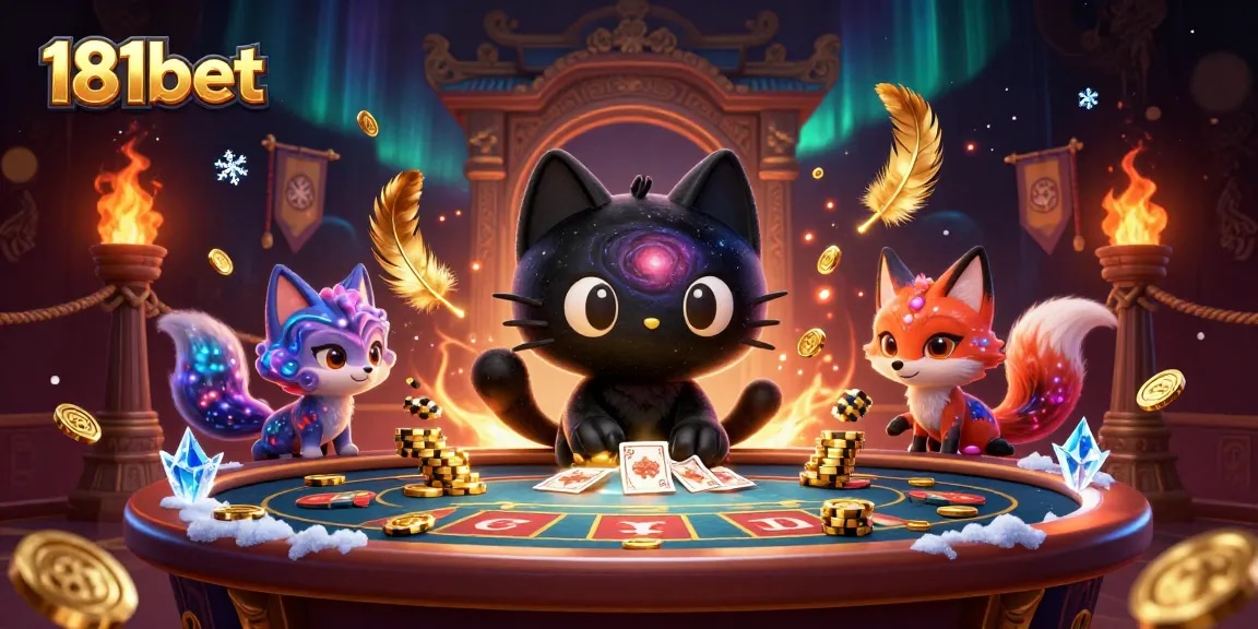 Engage with 181bet's vibrant casino universe, where a black hole cat attracts betting tokens amidst cosmic chaos.