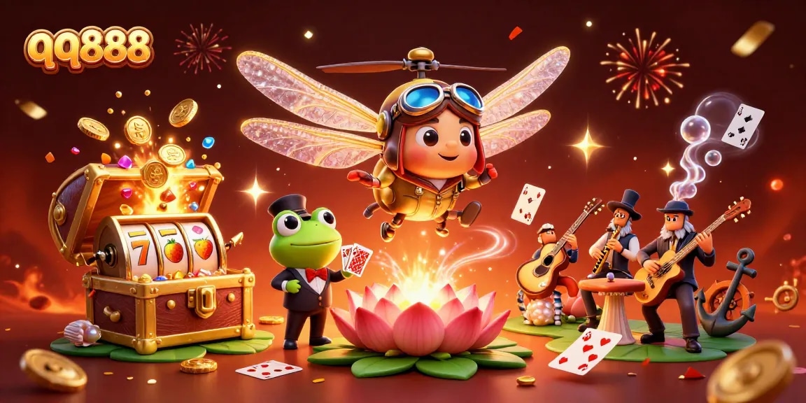 Experience winning thrills at qq888 with jazzing frogs and dazzling slot reels in a vibrant casino scene.