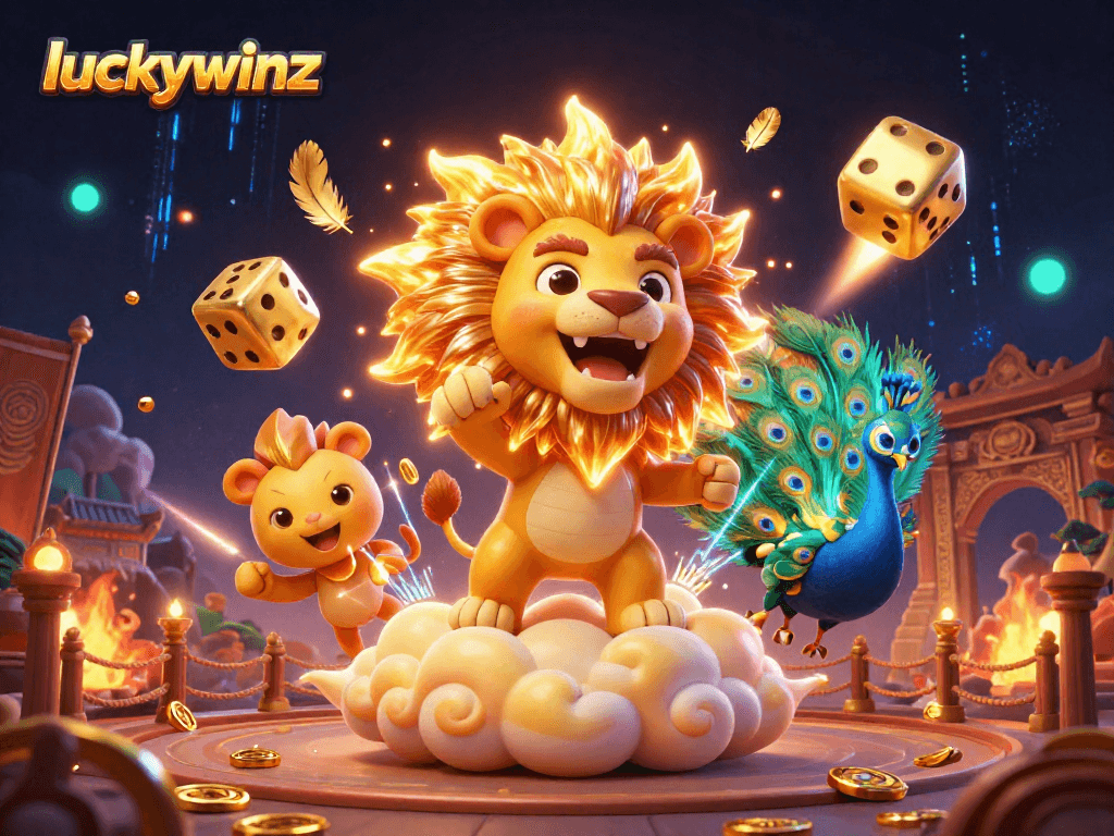 Engage with luckywinz in a vibrant 3D casino scene showcasing a lion and dynamic casino elements.