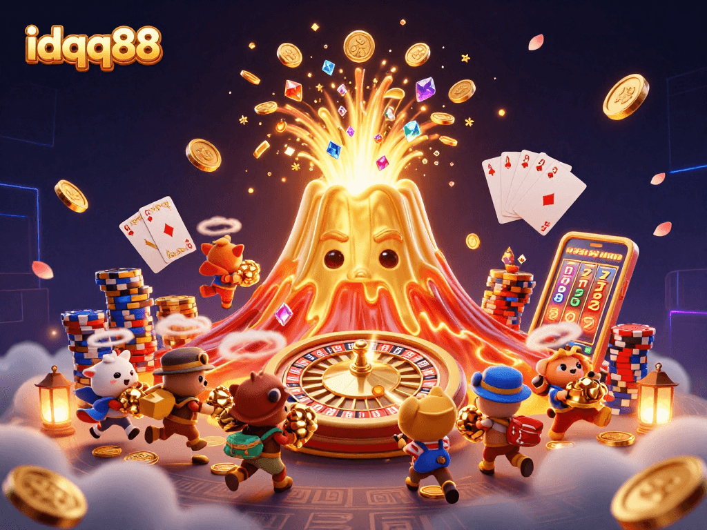 Spin the reels with idqq88 as a golden volcano erupts coins and gems amidst lively casino elements.