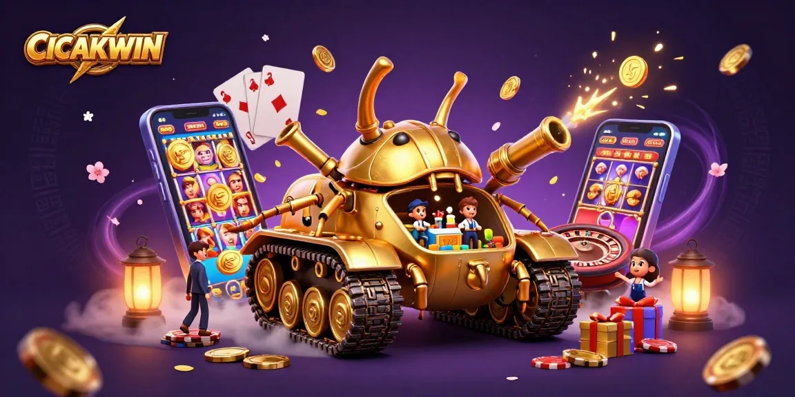 CICAKWIN casino adventure with a vibrant golden beetle tank, showcasing a mini casino with coins and games
