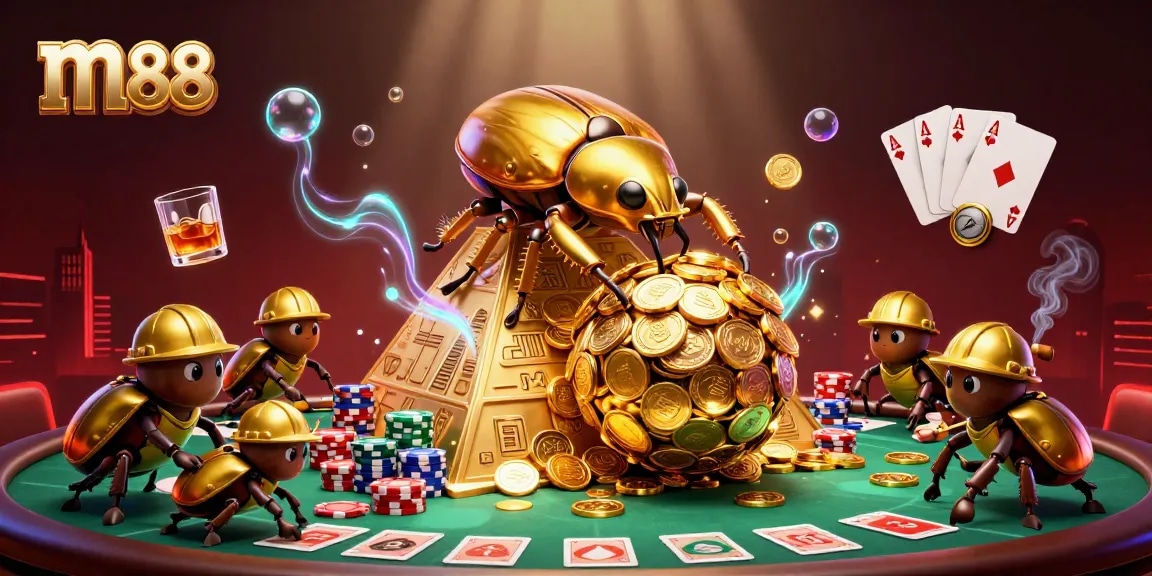 m88's golden beetle rolls coins up a pyramid in a vibrant online casino scene.