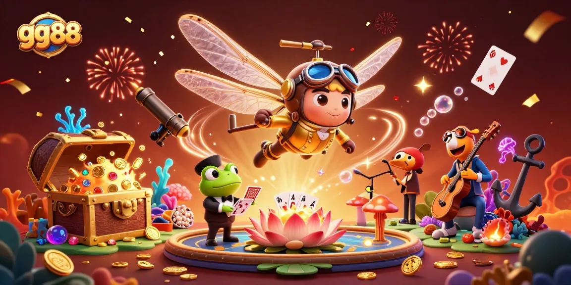 Experience thrilling gaming at gg88 with a dragonfly pilot, frog dealer, and exciting casino elements.