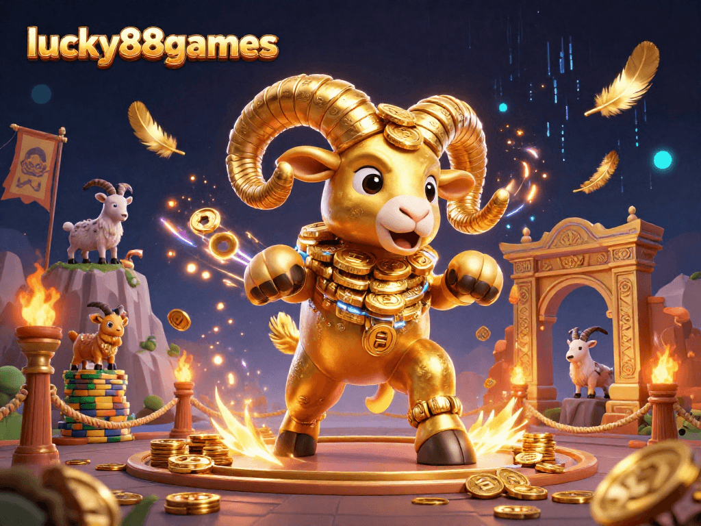 Engage with lucky88games through immersive casino adventures featuring a golden ram amidst a vibrant gaming arena.