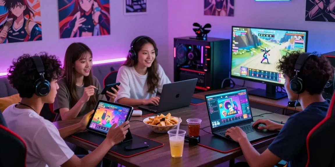 A vibrant gaming gathering enjoying free hentai games with friends and colorful devices.