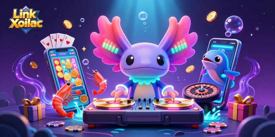 Experience exciting gameplay with Link Xoilac as vibrant characters dance around a colorful casino scene.