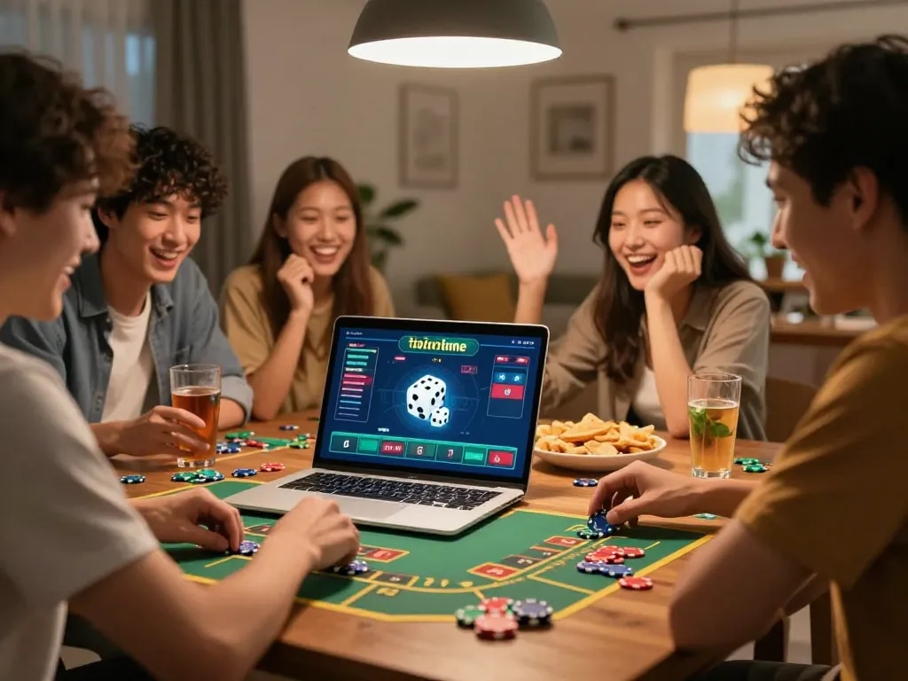Tai Xiu Online gameplay action with friends engaged and laptop displaying taixiuonline