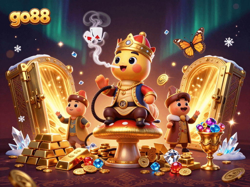 Experience the enchanting allure of go88 with a vibrant casino fantasy scene featuring a caterpillar master and poker symbols.