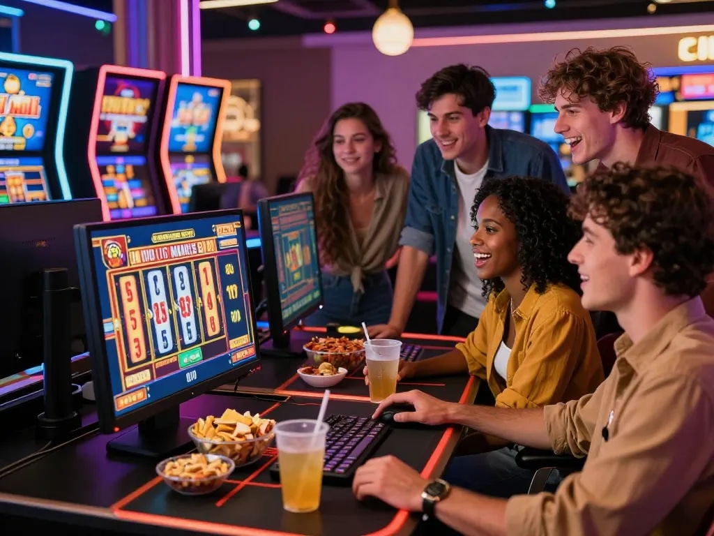 Friends enjoying an exciting game session on MM88 online casino with lively lighting.