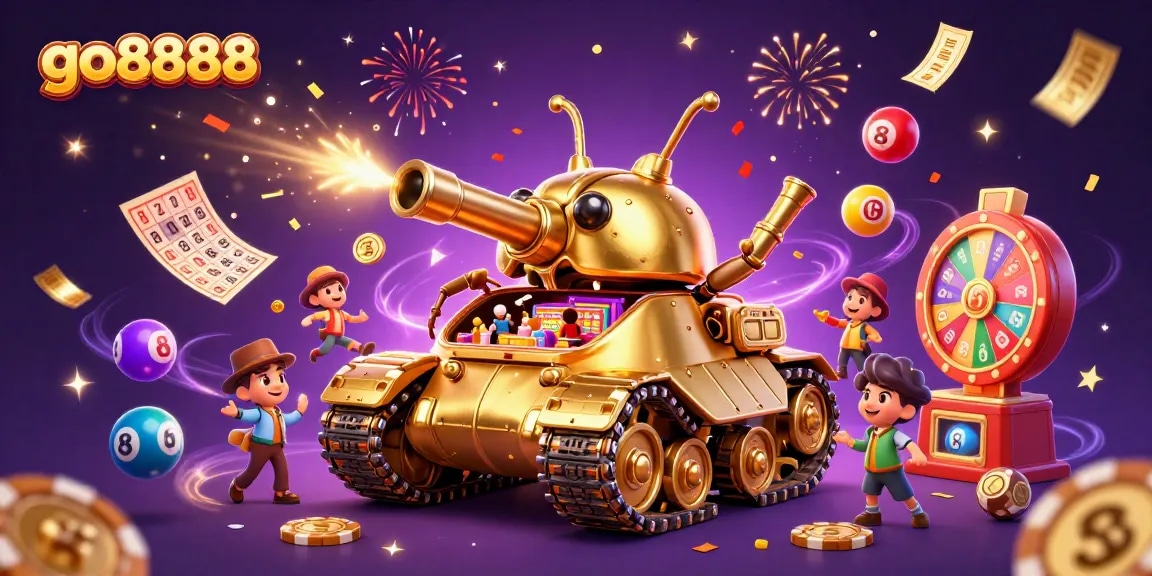 Celebrate victories at go8888 with a dazzling illustration featuring a golden beetle tank casino and vibrant game elements.