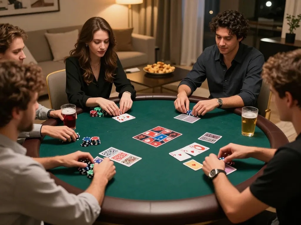 Engaged friends playing poker at home, showcasing strategic gameplay, features 98win.com atmosphere.