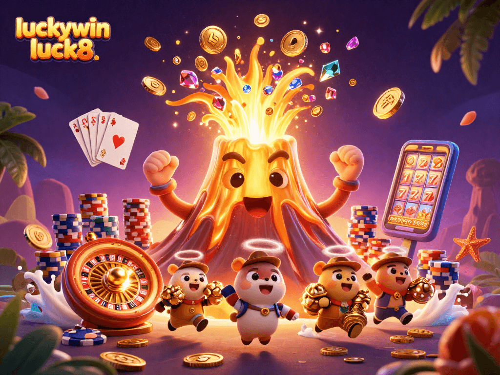 Win exciting rewards at luckywin luck8 with an eruption of treasures in a vibrant casino scene.