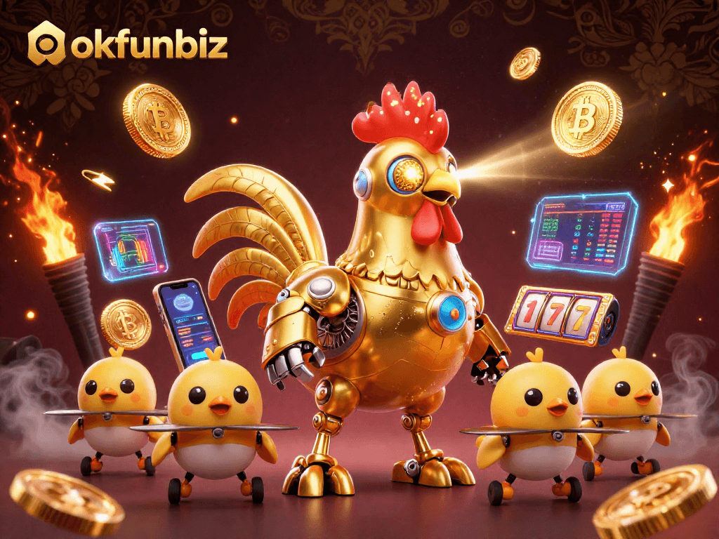 Engage in thrilling gameplay with okfunbiz's exciting slot experience featuring golden rooster characters.