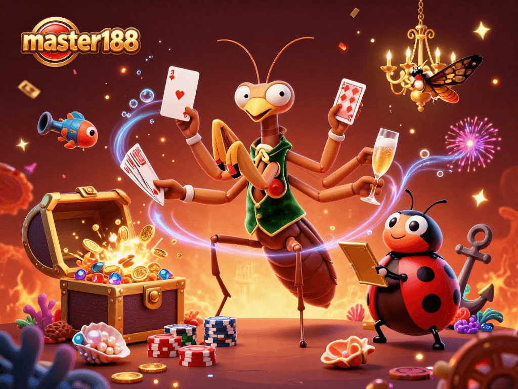 Experience master188 with vibrant gaming action featuring cartoon characters amidst casino riches.