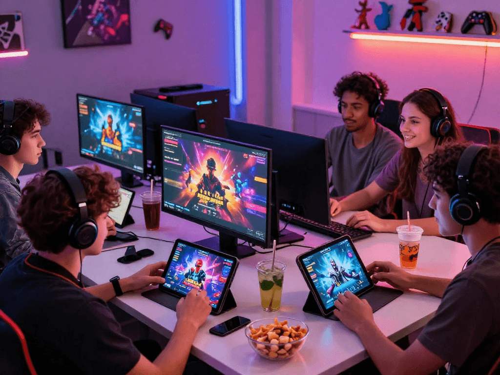 Engaged players enjoying diverse porn games HTML on various devices in a fun, vibrant gaming environment.