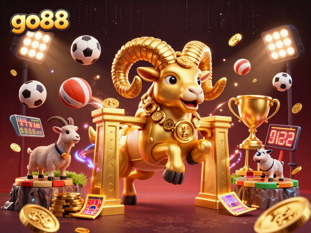 Experience the thrill of go88 as the golden ram charges through the casino gates, surrounded by dynamic sports elements.