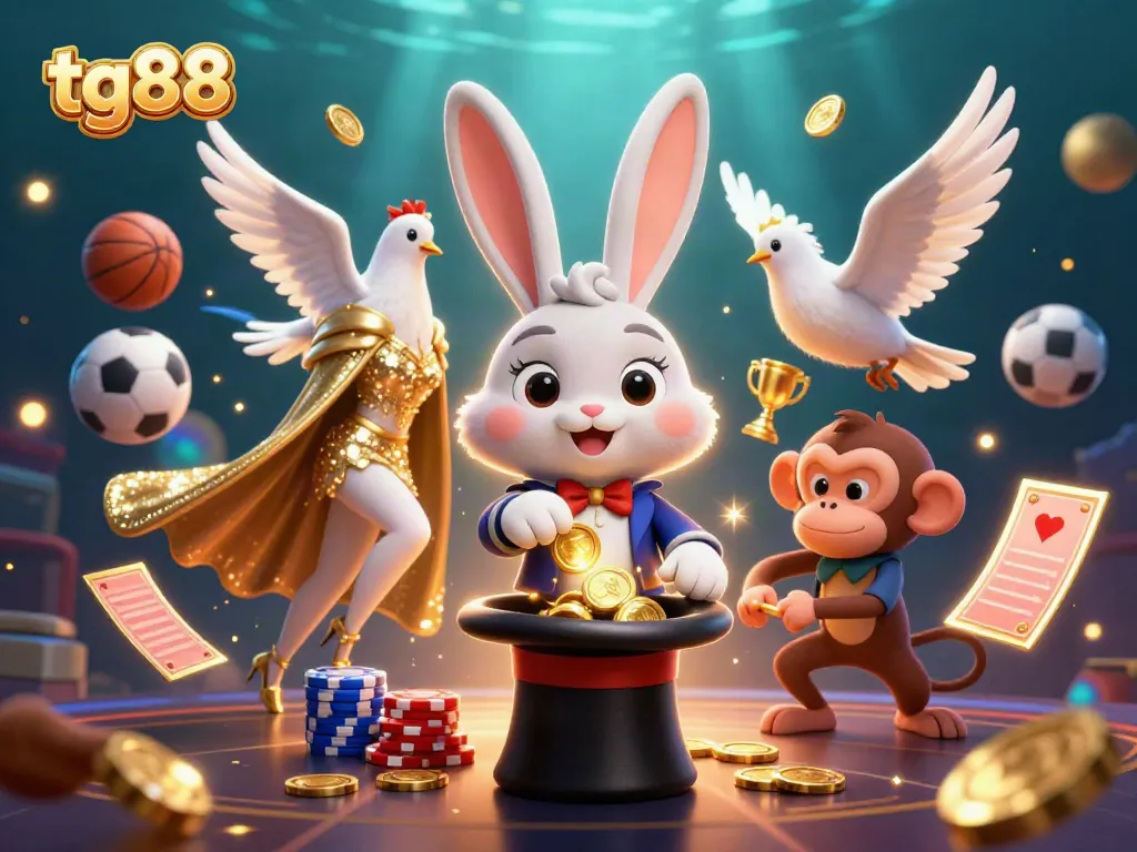 Engage with tg88's casino magic as a 3D rabbit pulls coins from a hat, setting the gaming stage.