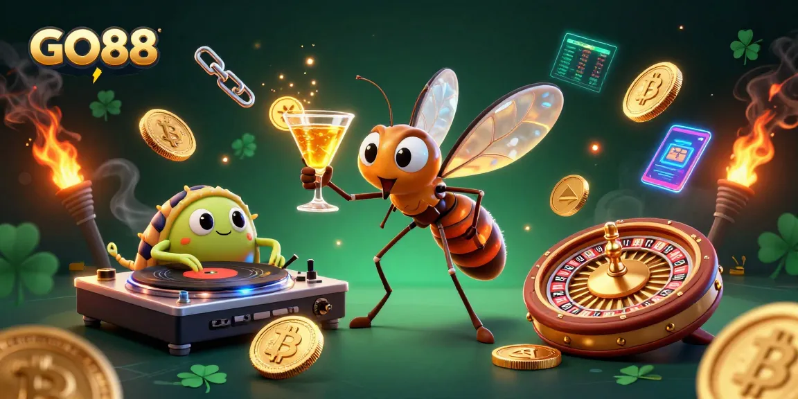 Experience thrilling gaming at GO88 with a lively casino scene featuring unique characters and vibrant crypto elements.