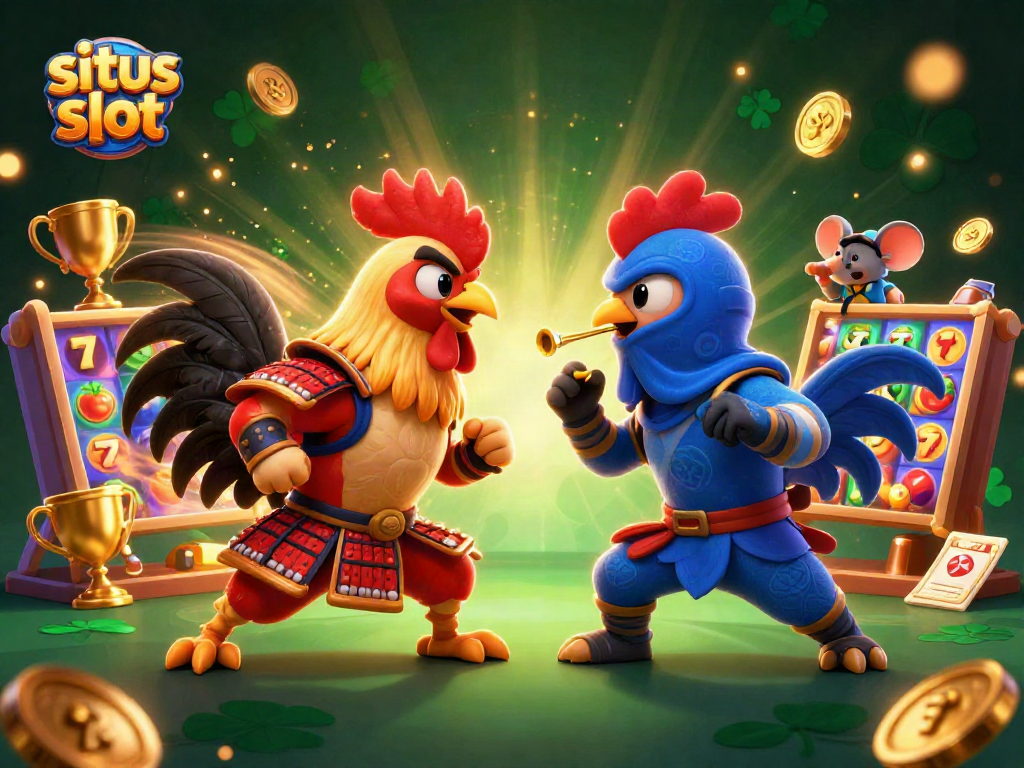 Situs slot illustrated with twin fighting roosters, vibrant slot reels, and dynamic casino elements
