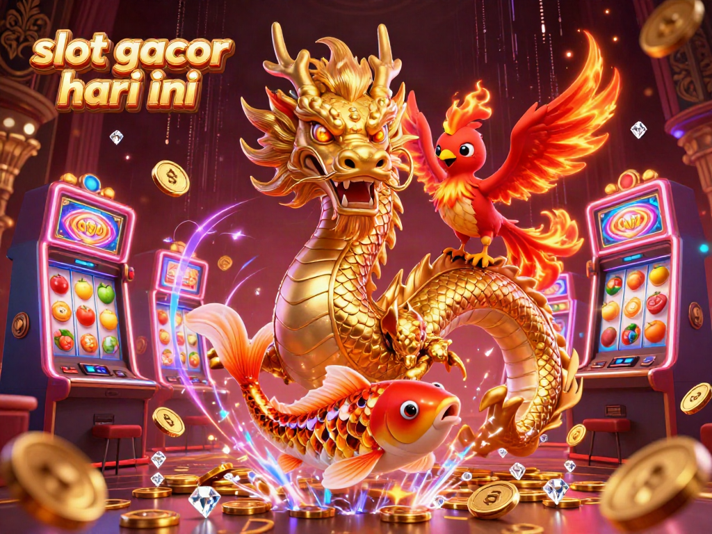 Spin to win with slot gacor hari ini featuring an epic dragon, phoenix, and koi fish in a vibrant casino.