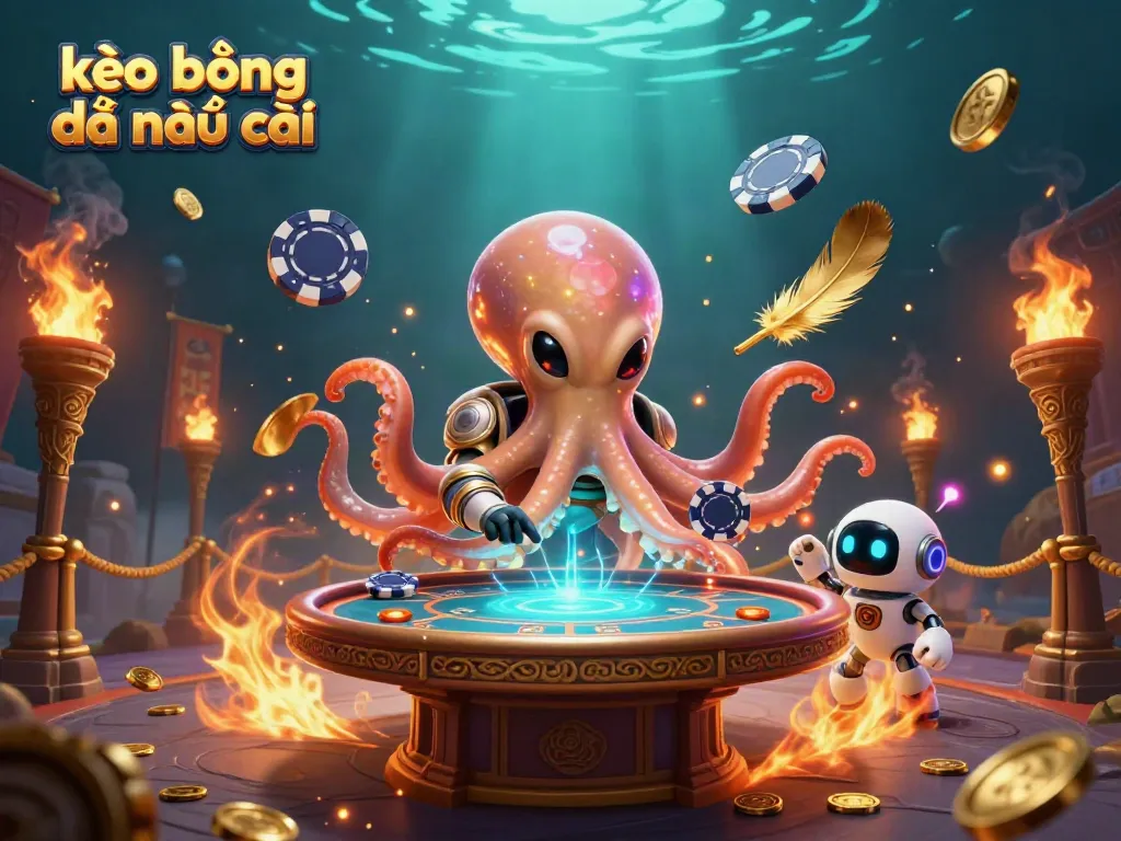 Engage with kèo bóng đá nhà cái in a vibrant 3D scene with alien and robot characters around a poker table