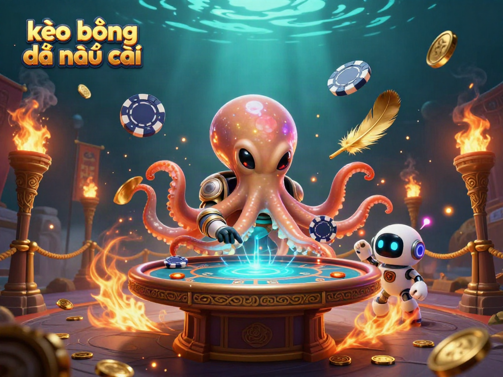 Engage with kèo bóng đá nhà cái in a vibrant 3D scene with alien and robot characters around a poker table