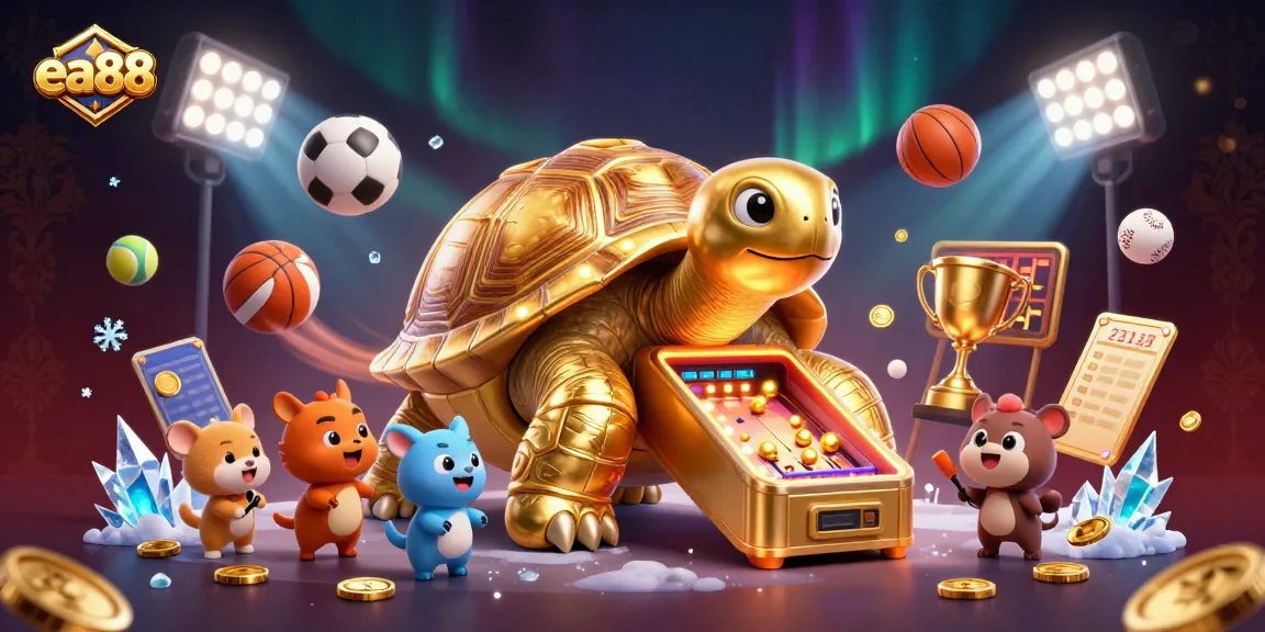 ea88 captivates players with a vibrant 3D illustration showcasing a golden tortoise pinball machine and dynamic sports elements.