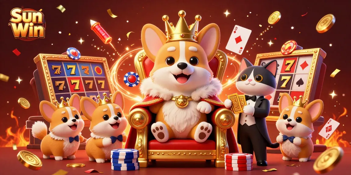 Engage in thrilling gameplay at Sun Win with our royal corgi and a luxurious scene of excitement.