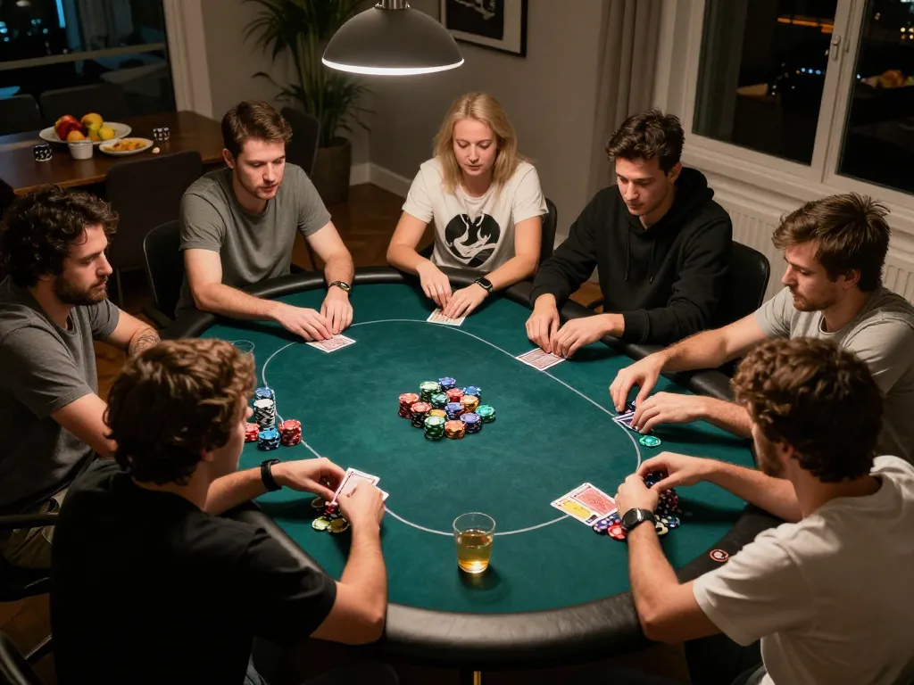 Engaging poker game atmosphere with friends at home, featuring 8kbet com strategies and playful competition