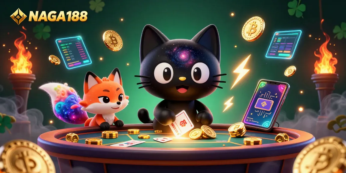 NAGA188 menarik chip emas di kasino unik dengan karakter kucing dan rubah nebula.