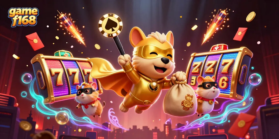 Experience game f168 excitement with a vibrant 3D scene featuring a heroic dog and hamster amidst slot reels and golden coins.