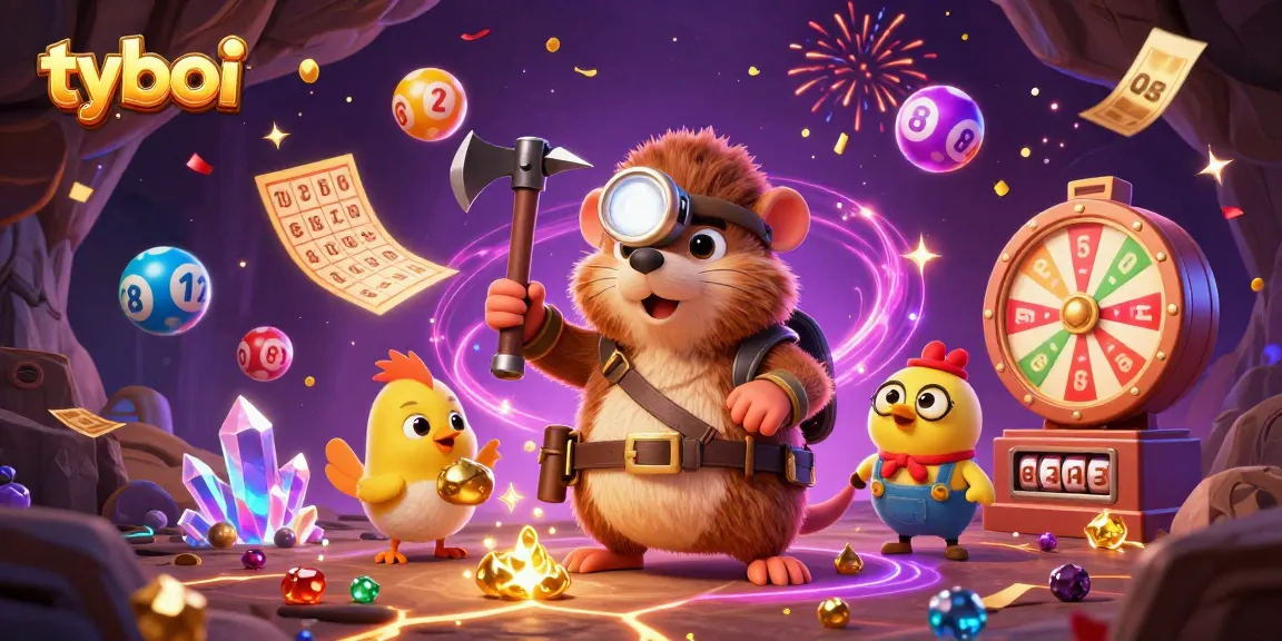 Engage with tyboi's thrilling gaming world featuring dynamic lottery elements and a cartoon treasure hunter in action.