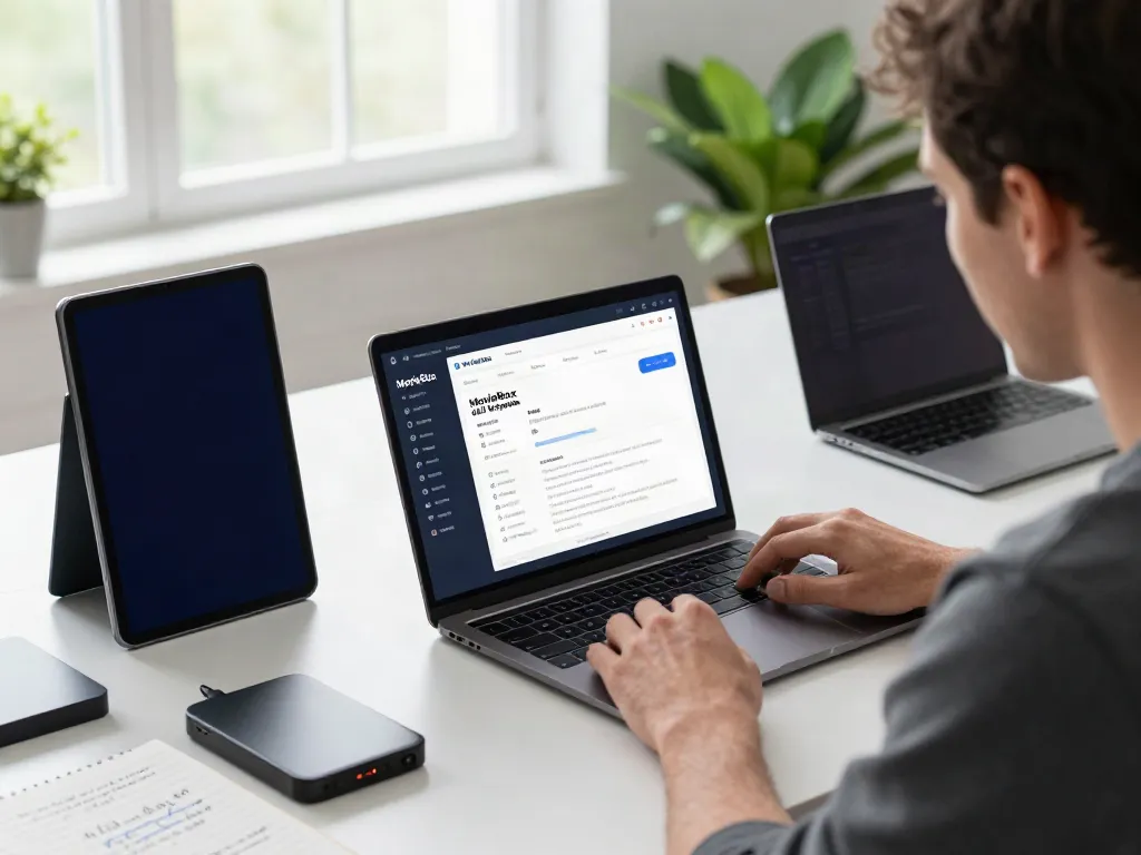Developer analyzing the movie box apk for android old version on a laptop in a modern workspace.