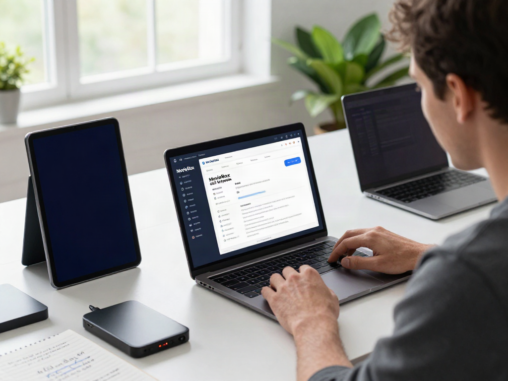 Developer analyzing the movie box apk for android old version on a laptop in a modern workspace.