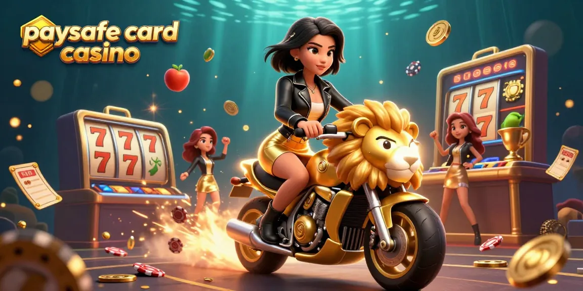 Ansprechende Szene, die die Aufregung im Paysafe Card Casino zeigt, mit einer glamourösen asiatischen Frau, die auf einem goldenen Löwen reitet, dynamische Slot-Elemente.