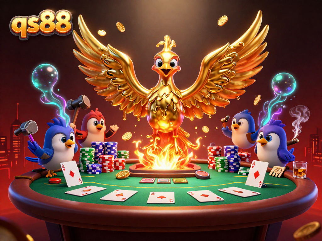 Play poker like a pro at qs88 with coins, cards, and a golden phoenix design.