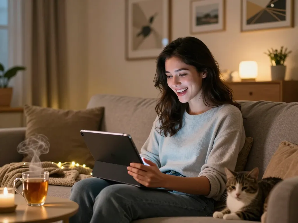 Young woman chatting with her AI gf in a cozy living room, showcasing emotional digital interaction.