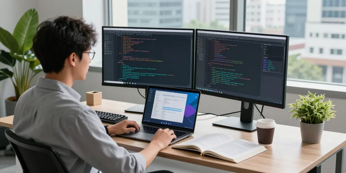 Professional workspace showcasing coding with 快连 application in use, vibrant atmosphere and modern tech elements.