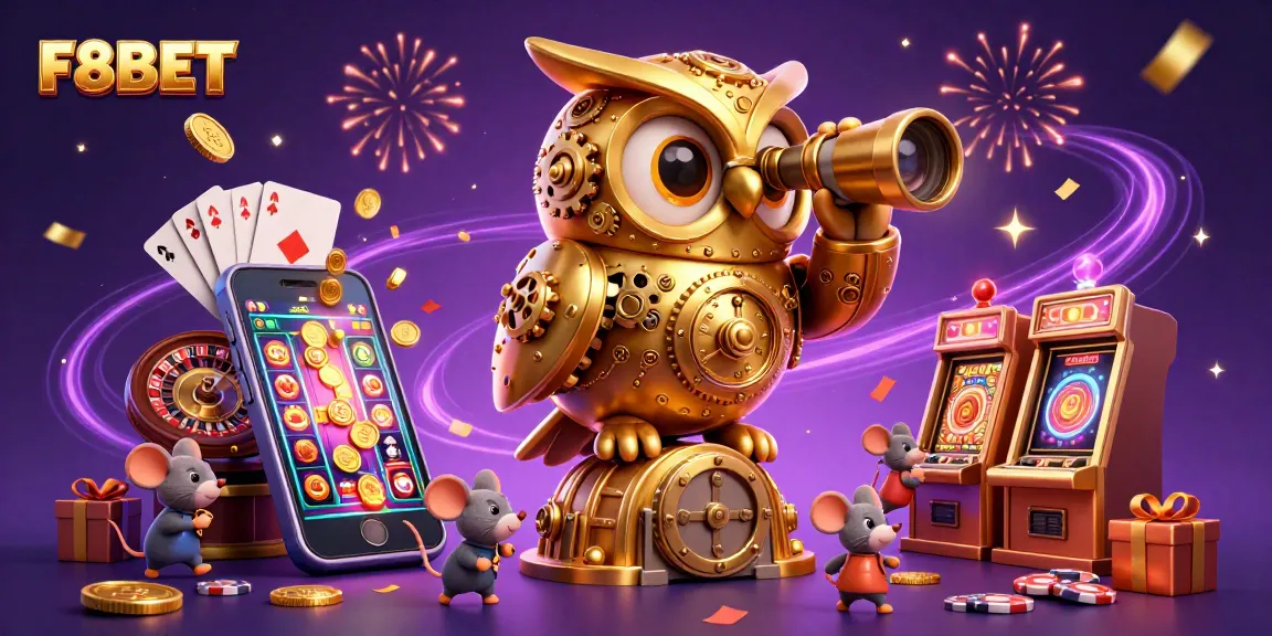 Experience the excitement of F8BET with a vibrant casino scene featuring a golden owl and lively game elements.