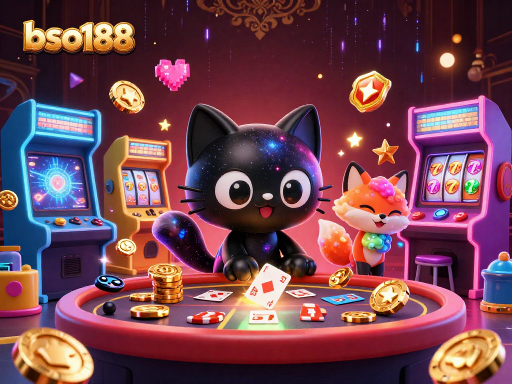 Engage with the cosmic gaming world of bso188 through a vibrant 3D illustration featuring a black hole cat.